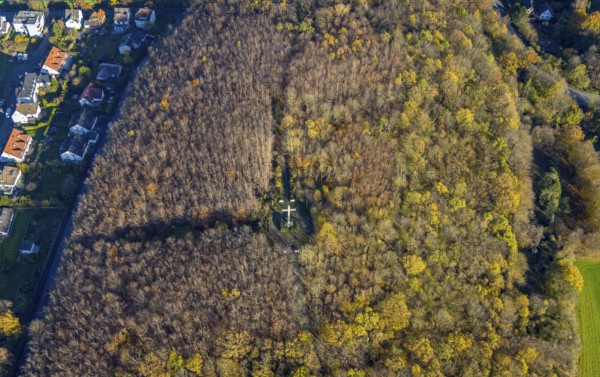 Aerial view, Galbusch Cross Memorial in the forest in Menden, Sauerland, North Rhine-Westphalia, Germany, DE, Europe, cross, aerial view, aerial photography, aerial photography, memorial, Menden, victims of the two world wars, overview, bird's-eye view, overview