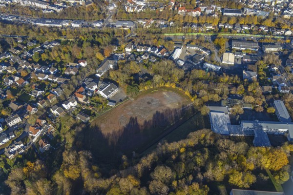 Aerial view, former sports field Gisbert-Kranz-Platz and planning for sports hall, indoor swimming pool and leisure sports in Menden, Sauerland, North Rhine-Westphalia, Germany, DE, Europe, aerial view, aerial photography, aerial photography, Menden, sports field, sports facility, overview, bird's-eye view, overview