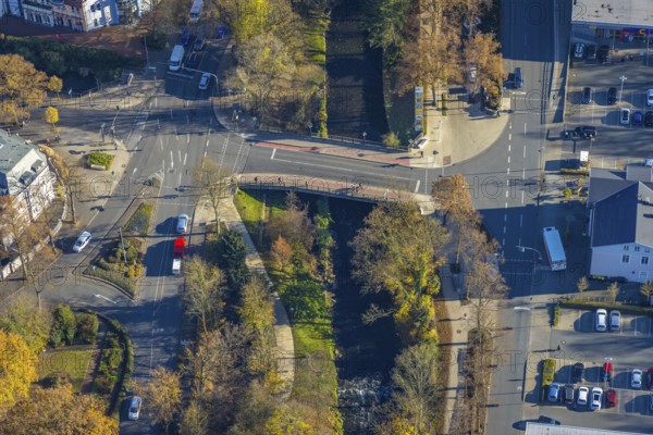 Aerial view, promenade at the bridge Bahnhofstraße and river Hönne in Menden, Sauerland, North Rhine-Westphalia, Germany, bridge, DE, Europe, aerial view, aerial photography, aerial photography, Menden, promenade, cycle path marking, overview, bird's-eye view, overview