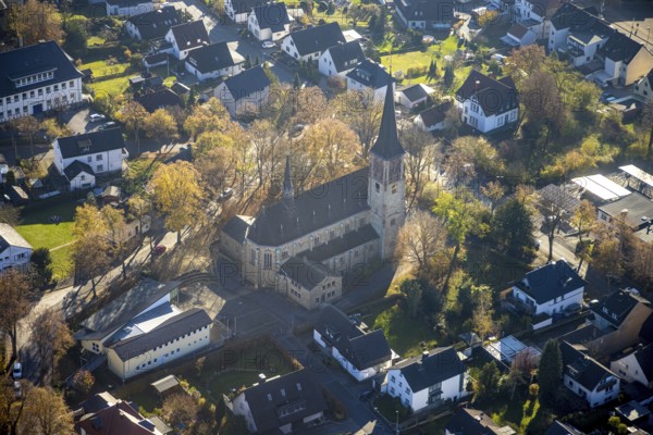 Aerial view, St. Josef Church in the district of Lendringsen in Menden, Sauerland, North Rhine-Westphalia, Germany, place of worship, DE, Europe, religious community, place of worship, sacred site, church, parish, denomination, aerial view, aerial photography, aerial photography, Menden, religion, religious site, overview, bird's-eye view, overview