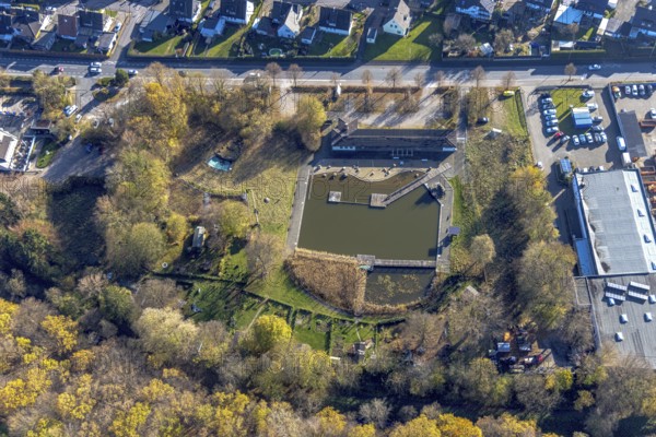 Aerial view, natural swimming pool Biebertal in the district Lendringsen in Menden, Sauerland, North Rhine-Westphalia, Germany, bathing resort, DE, Europe, outdoor swimming pool, leisure activities, aerial view, aerial photography, aerial photography, Menden, swimming pool, swimming pool, overview, bird's-eye view, overview
