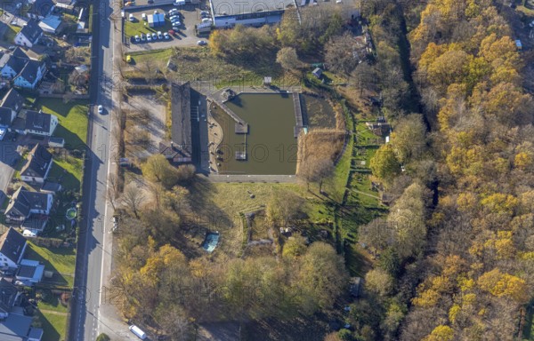 Aerial view, natural swimming pool Biebertal in the district Lendringsen in Menden, Sauerland, North Rhine-Westphalia, Germany, bathing resort, DE, Europe, outdoor swimming pool, leisure activities, aerial view, aerial photography, aerial photography, Menden, swimming pool, swimming pool, overview, bird's-eye view, overview