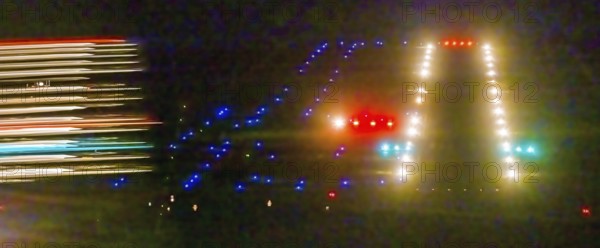 Aerial photo, Marl Loemühle airfield, night approach to the runway with PAPI, runway lighting, commercial airfield, Speckhorn, Recklinghausen, Ruhr area, North Rhine-Westphalia, Germany, DE, twilight photography, Europe, flight emission, aircraft noise, airfield, shapes and colours, light pollution, aerial photography, aerial photography, aerial photography, Marl, night, night photography, night flight, overview, bird's eye view, illuminated streets, birds-eyes view, nightflight, overview