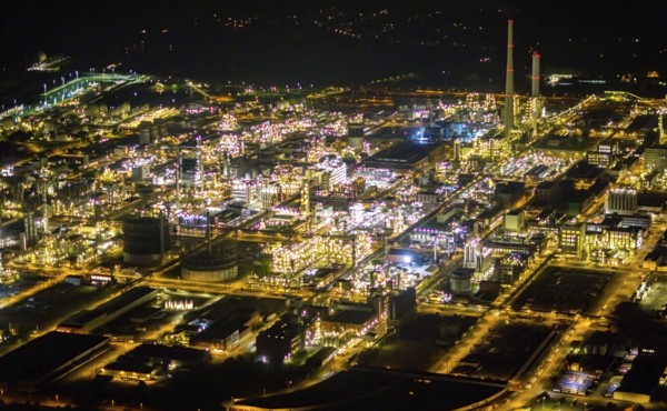 Aerial view, chemical park Marl, chemical zone, Marl, Ruhr area, North Rhine-Westphalia, Germany, DE, twilight photography, Europe, commercial area, commercial area, commercial location, commercial use, industrial area, industrial location, light pollution, aerial photography, aerial photography, aerial photography, night, night photography, night flight, overview, bird's eye view, illuminated streets, birds-eyes view, nightflight, overview