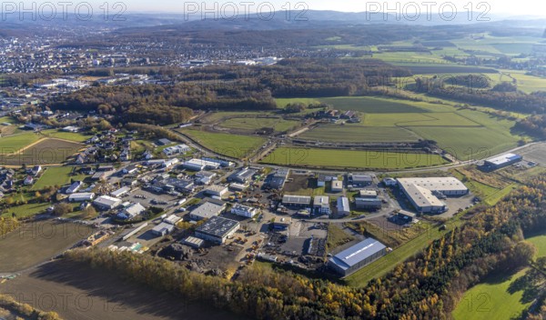 Aerial view, construction site at the Hämmerstraße in the industrial park Hämmer in the district Holzen in Menden, Sauerland, North Rhine-Westphalia, Germany, construction work, construction area, building site, building plots, construction measure, construction project, construction site, DE, Europe, commercial enterprises, commercial area, commercial park, commercial site, commercial use, industrial area, industrial building, industrial site, aerial view, aerial photography, aerial photography, Menden, overview, bird's eye view, bird's eye view, bird's eye view, overview