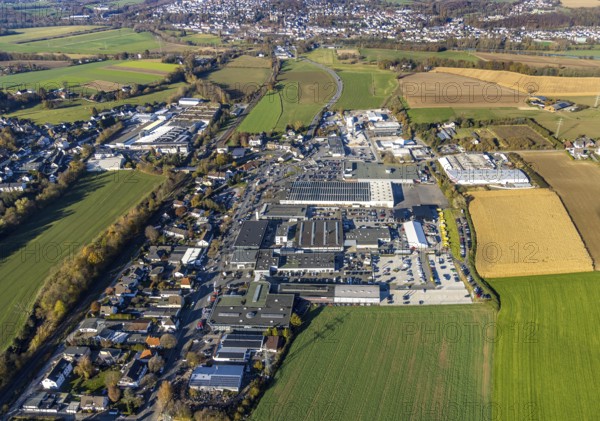 Aerial view, commercial area Fröndenberger Straße and Menden-Bösperde railway station in the district of Bösperde in Menden, Sauerland, North Rhine-Westphalia, Germany, railway station, DE, Deutsche Bahn AG, Europe, event hall, commercial enterprises, commercial area, commercial park, commercial location, commercial use, industrial area, industrial building, industrial location, aerial photograph, aerial photography, aerial photography, Menden, Menden Arena, overview, event location, event venue, bird's-eye view, birds-eyes view, cultural use, overview