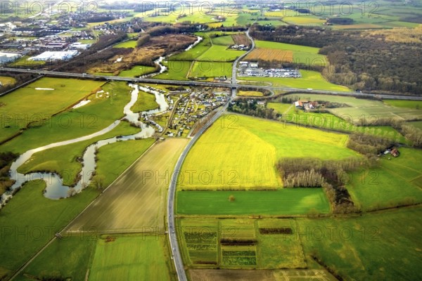 Aerial view of the planned industrial area Westfalen Hamm/Lippetal east of the Hamm-Uentrop junction on the A2 motorway in Lippborg in Lippetal in North Rhine-Westphalia, Germany. The campsite Uentrop Helbach GmbH is located at the river Lippe and the motorway A2, Lippetal, Ruhr area, North Rhine-Westphalia, Germany, DE, Europe, aerial view, birds-eyes view, aerial photography, aerial photography, overview, overview, bird's eye view