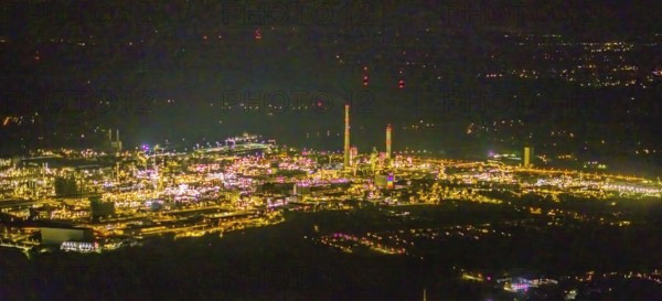 Aerial view, chemical park Marl, chemical zone, Marl, Ruhr area, North Rhine-Westphalia, Germany, DE, twilight photography, Europe, commercial area, commercial area, commercial location, commercial use, industrial area, industrial location, light pollution, aerial photography, aerial photography, aerial photography, night, night photography, night flight, overview, bird's eye view, illuminated streets, birds-eyes view, nightflight, overview