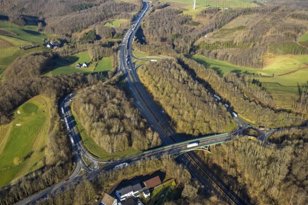 Aerial view, truck traffic jam on the Sterbecke viaduct at the Lüdenscheid-Nord exit in front of the closed Rahmede viaduct of the A45 Sauerlandlinie motorway in the Heedfeld district of Schalksmühle, Sauerland, North Rhine-Westphalia, Germany, A45, DE, Europe, truck traffic jam, aerial view, aerial photography, aerial photography, local traffic, Sauerlandlinie, Schalksmühle, damage to the steel structure, closure of the Rahmede viaduct, traffic jam, traffic jams, overview, traffic volume, traffic chaos, traffic infrastructure, traffic jam, bird's-eye view, birds-eyes view, lack of load-bearing capacity, closed Rahmede viaduct, dilapidated bridge, dilapidated bridges, overview