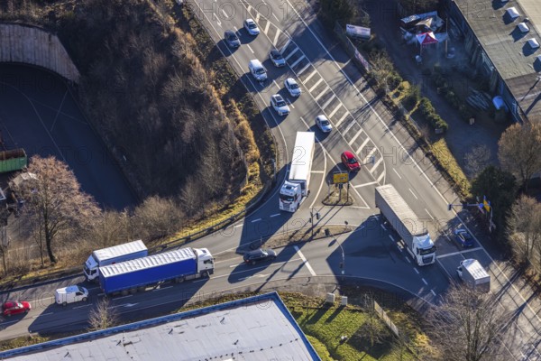 Aerial view, diversion traffic and through traffic due to the closed Rahmede viaduct in the district of Gevelndorf in Lüdenscheid, Sauerland, North Rhine-Westphalia, Germany, A45, DE, Europe, lorry traffic jam, aerial view, aerial photography, aerial photography, Lüdenscheid, through road, Sauerland line, closure of the Rahmede viaduct, traffic jam, traffic jam, overview, diversion, traffic volume, traffic chaos, traffic infrastructure, traffic jam, bird's-eye view, birds-eyes view, dilapidated bridge, dilapidated bridges, overview