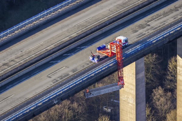 Aerial photo, construction measure with emergency reinforcement for Rahmede viaduct on the A45 Sauerlandlinie motorway in the Gevelndorf district of Lüdenscheid, Sauerland, North Rhine-Westphalia, Germany, A45, construction work, construction measure, construction site, DE, Europe, aerial photo, aerial photography, aerial photography, Lüdenscheid, emergency reinforcement, through road, Rahmede viaduct, Sauerland line, closure of Rahmede viaduct, traffic jam, traffic jam, overview, traffic chaos, traffic infrastructure, traffic jam, bird's-eye view, lack of load-bearing capacity, dilapidated bridge, dilapidated bridges, overview