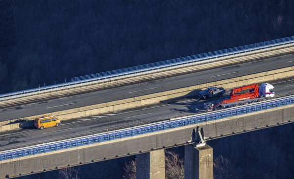 Aerial photo, construction measure with emergency reinforcement for Rahmede viaduct on the A45 Sauerlandlinie motorway in the Gevelndorf district of Lüdenscheid, Sauerland, North Rhine-Westphalia, Germany, A45, construction work, construction measure, construction site, DE, Europe, aerial photo, aerial photography, aerial photography, Lüdenscheid, emergency reinforcement, through road, Rahmede viaduct, Sauerland line, closure of Rahmede viaduct, traffic jam, traffic jam, overview, traffic chaos, traffic infrastructure, traffic jam, bird's-eye view, lack of load-bearing capacity, dilapidated bridge, dilapidated bridges, overview