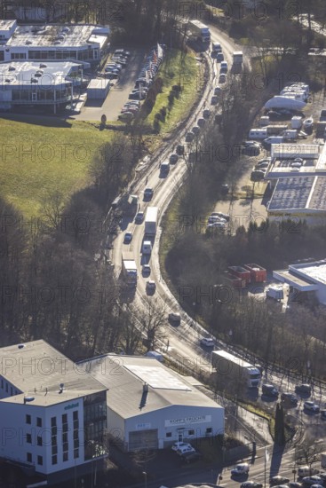Aerial view, truck traffic jam and diversion traffic with local through traffic due to the closed Rahmede viaduct on the A45 Sauerlandlinie motorway in the district of Gevelndorf in Lüdenscheid, Sauerland, North Rhine-Westphalia, Germany, A45, DE, Europe, truck traffic jam, aerial view, aerial photography, aerial photography, Lüdenscheid, through road, Sauerlandlinie, closure of the Rahmede viaduct, traffic jam, traffic jam, overview, diversion, traffic volume, traffic chaos, traffic infrastructure, traffic jam, bird's eye view, birds-eyes view, dilapidated bridge, dilapidated bridges, overview