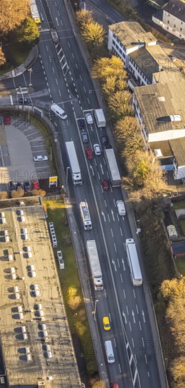 Aerial view, through road with truck traffic jam on the Lennestraße at the exit Lüdenscheid of the motorway A45 Sauerlandlinie because of the closed viaduct Rahmede in the district Leifringhausen in Lüdenscheid, Sauerland, North Rhine-Westphalia, Germany, A45, motorway junction, DE, Europe, truck traffic jam, aerial view, aerial photography, aerial photography, Lüdenscheid, through road, Sauerlandlinie, closure of the Rahmede viaduct, traffic jam, traffic jam, road traffic, overview, diversion, traffic volume, traffic chaos, traffic infrastructure, traffic jam, bird's eye view, birds-eyes view, dilapidated bridge, dilapidated bridges, overview