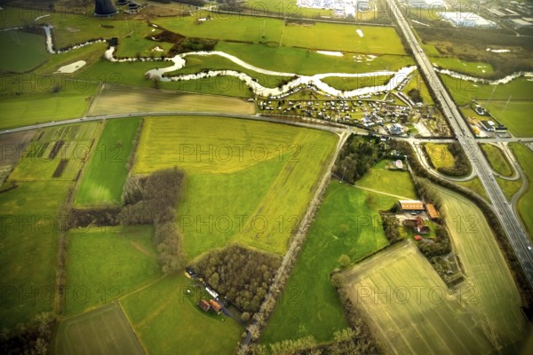 Aerial view of the planned industrial area Westfalen Hamm/Lippetal east of the Hamm-Uentrop junction on the A2 motorway in Lippborg in Lippetal in North Rhine-Westphalia, Germany. The campsite Uentrop Helbach GmbH is located at the river Lippe and the motorway A2, Lippetal, Ruhr area, North Rhine-Westphalia, Germany, DE, Europe, aerial view, birds-eyes view, aerial photography, aerial photography, overview, overview, bird's eye view