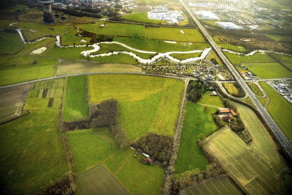 Aerial view of the planned industrial area Westfalen Hamm/Lippetal east of the Hamm-Uentrop junction on the A2 motorway in Lippborg in Lippetal in North Rhine-Westphalia, Germany. The campsite Uentrop Helbach GmbH is located at the river Lippe and the motorway A2, Lippetal, Ruhr area, North Rhine-Westphalia, Germany, DE, Europe, aerial view, birds-eyes view, aerial photography, aerial photography, overview, overview, bird's eye view