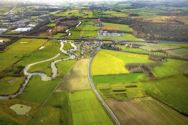 Aerial view of the planned industrial area Westfalen Hamm/Lippetal east of the Hamm-Uentrop junction on the A2 motorway in Lippborg in Lippetal in North Rhine-Westphalia, Germany. The campsite Uentrop Helbach GmbH is located at the river Lippe and the motorway A2, Lippetal, Ruhr area, North Rhine-Westphalia, Germany, DE, Europe, aerial view, birds-eyes view, aerial photography, aerial photography, overview, overview, bird's eye view