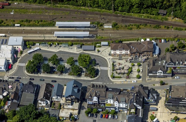 Aerial view, railway station and station building, Altenhundem, Lennestadt, Sauerland, North Rhine-Westphalia, Germany, railway tracks, railway station, bus station, DEU, Deutsche Bahn AG, Europe, central station, main station, aerial view, aerial photography, aerial photography, overview, bird's-eye view, overview