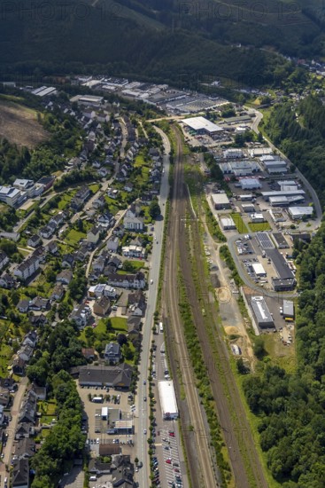 Aerial view, industrial area railway depot, Altenhundem, Lennestadt, Sauerland, North Rhine-Westphalia, Germany, railway tracks, DEU, Europe, commercial enterprises, commercial area, commercial park, commercial location, commercial use, industrial area, industrial building, industrial location, aerial photograph, aerial photography, aerial photography, overview, bird's-eye view, bird's-eye view, overview