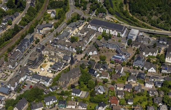 Aerial view, town centre, town hall, St. Agatha Catholic Parish Church, market place, Altenhundem, Lennestadt, Sauerland, North Rhine-Westphalia, Germany, place of worship, DEU, Europe, religious community, place of worship, holy place, church, parish, denomination, aerial view, aerial photography, aerial photography, market, religion, religious site, overview, bird's-eye view, overview