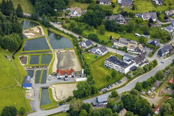 Aerial photo, Sauerland trout farm Rameil, fish ponds, Langenei, Lennestadt, Sauerland, North Rhine-Westphalia, Germany, fishing ponds, DEU, Europe, fish farming, fish farm, aerial photo, aerial photography, aerial photography, overview, bird's-eye view, overview