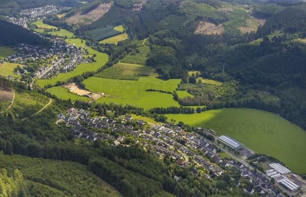 Aerial view, riding centre and village view Kickenbach, Altenhundem, Lennestadt, Sauerland, North Rhine-Westphalia, Germany, DEU, Europe, aerial view, aerial photography, aerial photography, show jumping, overview, bird's-eye view, overview