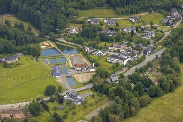 Aerial photo, Sauerland trout farm Rameil, fish ponds, Langenei, Lennestadt, Sauerland, North Rhine-Westphalia, Germany, fishing ponds, DEU, Europe, fish farming, fish farm, aerial photo, aerial photography, aerial photography, overview, bird's-eye view, overview