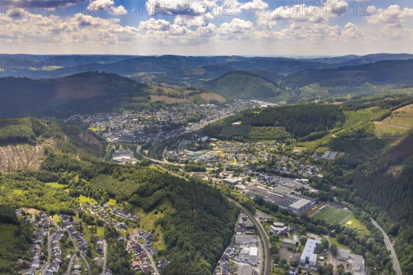 Aerial view, view of Altenhundem and St. Josefs-Hospital Lennestadt, Lennestadt, Sauerland, North Rhine-Westphalia, Germany, tree dieback, bark beetle damage, bark beetle plague, DEU, Europe, healthcare, hospital, clear-cutting, clinic, clinic centre, hospital, aerial view, aerial photography, aerial photography, medical facility, medical aid, overview, bird's-eye view, forest, forest area, forest damage, forest dieback, birds-eyes view, overview, medical care