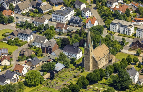 Aerial view, St. Nicholas Church, Grevenbrück, Lennestadt, Sauerland, North Rhine-Westphalia, Germany, place of worship, DEU, Europe, religious community, place of worship, holy place, hilly landscape, church, parish, denomination, aerial view, aerial photography, aerial photography, religion, religious site, overview, bird's-eye view, bird's-eye view, overview