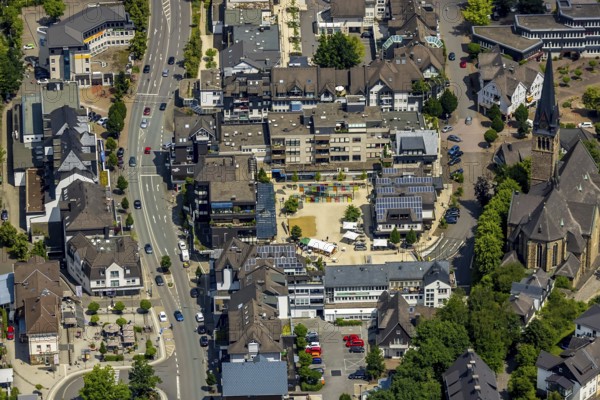 Aerial view, city centre with market place, Catholic parish church St. Agatha, Altenhundem, Lennestadt, Sauerland, North Rhine-Westphalia, Germany, place of worship, DEU, Europe, religious community, place of worship, holy place, church, parish, denomination, aerial view, aerial photography, aerial photography, market, market place, religion, religious site, overview, bird's-eye view, overview