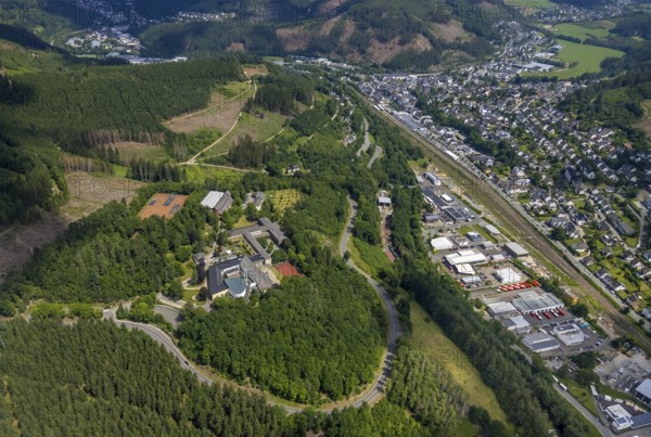 Aerial view, Jugendhof Pallotti and Private Gymnasium Maria Königin, industrial area railway depot, Altenhundem, Lennestadt, Sauerland, North Rhine-Westphalia, Germany, education, educational institution, DEU, Europe, commercial enterprises, commercial area, commercial park, commercial location, commercial use, grammar school, industrial area, industrial building, industrial location, Jugendhof, educational institute, aerial view, aerial photography, aerial photography, school, overview, bird's eye view, birds-eyes view, overview