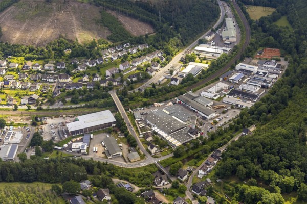 Aerial view, industrial area railway depot, Altenhundem, Lennestadt, Sauerland, North Rhine-Westphalia, Germany, railway tracks, bridge, DEU, Europe, commercial enterprises, commercial area, commercial park, commercial location, commercial use, industrial area, industrial building, industrial location, aerial photograph, aerial photography, aerial photography, overview, bird's-eye view, birds-eyes view, overview