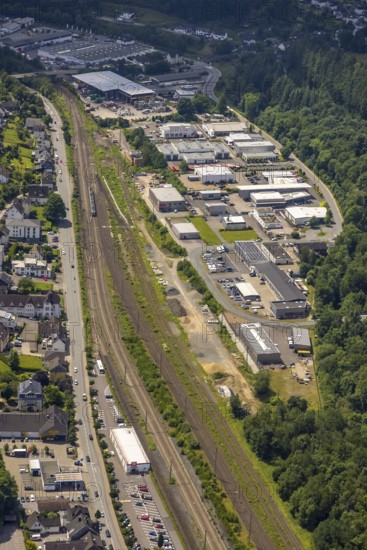Aerial view, industrial area railway depot, Altenhundem, Lennestadt, Sauerland, North Rhine-Westphalia, Germany, railway tracks, DEU, Europe, commercial enterprises, commercial area, commercial park, commercial location, commercial use, industrial area, industrial building, industrial location, aerial photograph, aerial photography, aerial photography, overview, bird's-eye view, bird's-eye view, overview