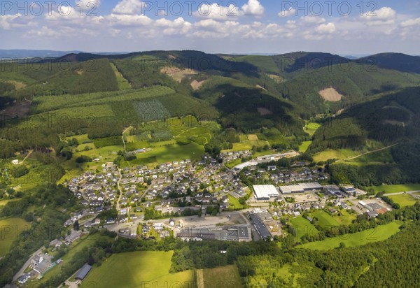 Aerial view, local view Saalhausen, Lennestadt, Sauerland, North Rhine-Westphalia, Germany, tree dieback, bark beetle damage, bark beetle plague, DEU, Europe, clear-cutting, aerial view, aerial photography, aerial photography, overview, bird's-eye view, forest, forest area, forest damage, forest dieback, birds-eyes view, overview
