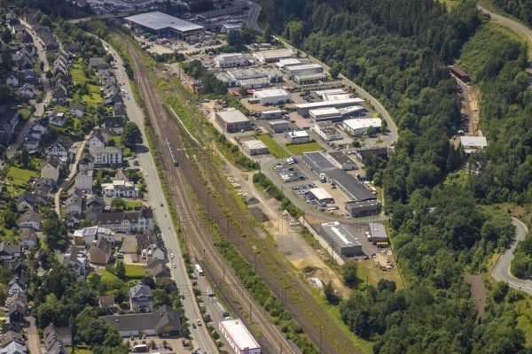 Aerial view, industrial area railway depot, Altenhundem, Lennestadt, Sauerland, North Rhine-Westphalia, Germany, railway tracks, DEU, Europe, commercial enterprises, commercial area, commercial park, commercial location, commercial use, industrial area, industrial building, industrial location, aerial photograph, aerial photography, aerial photography, overview, bird's-eye view, bird's-eye view, overview