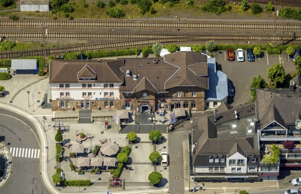 Aerial view, railway station and station building, Altenhundem, Lennestadt, Sauerland, North Rhine-Westphalia, Germany, railway tracks, railway station, DEU, Deutsche Bahn AG, Europe, central station, main station, aerial view, aerial photography, aerial photography, overview, bird's-eye view, overview