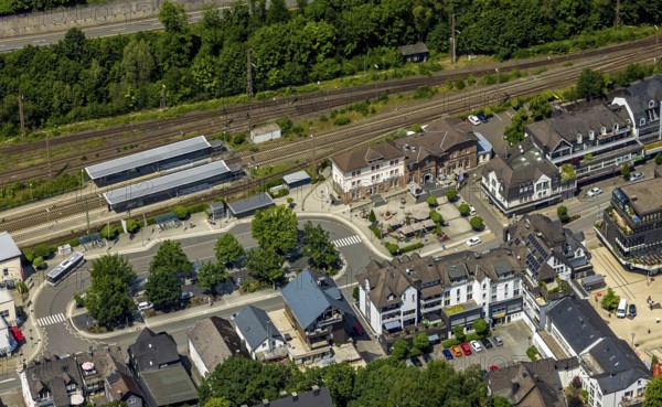 Aerial view, railway station and bus station, station building, Altenhundem, Lennestadt, Sauerland, North Rhine-Westphalia, Germany, railway tracks, railway station, bus station, DEU, Deutsche Bahn AG, Europe, central station, main station, aerial view, aerial photography, aerial photography, overview, bird's-eye view, overview