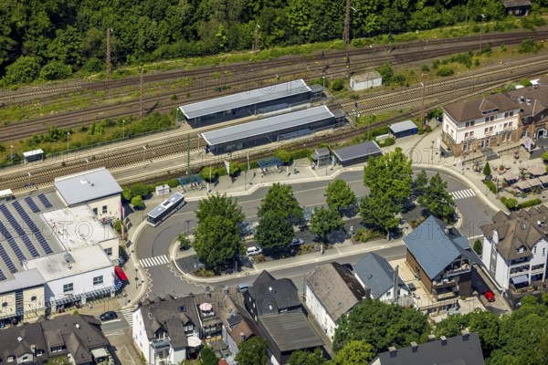 Aerial view, railway and bus station, Altenhundem, Lennestadt, Sauerland, North Rhine-Westphalia, Germany, railway tracks, railway station, bus station, DEU, Deutsche Bahn AG, Europe, main station, central station, aerial view, aerial photography, aerial photography, overview, bird's-eye view, overview