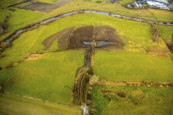 Aerial view of the national nature reserve Lippeauen at the river Lippe with the observation hut Disselmersch near Heintrop in Lippetal in North Rhine-Westphalia, Germany. Geese fly over the river Lippe, Lippetal, Ruhr area, North Rhine-Westphalia, Germany, DE, Europe, aerial photo, birds-eyes view, aerial photography, aerial photography, overview, bird's eye view