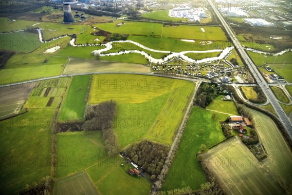 Aerial view of the planned industrial area Westfalen Hamm/Lippetal east of the Hamm-Uentrop junction on the A2 motorway in Lippborg in Lippetal in North Rhine-Westphalia, Germany. The campsite Uentrop Helbach GmbH is located at the river Lippe and the motorway A2, Lippetal, Ruhr area, North Rhine-Westphalia, Germany, DE, Europe, aerial view, birds-eyes view, aerial photography, aerial photography, overview, overview, bird's eye view