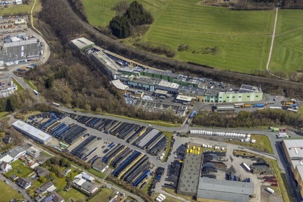 Aerial photo, Lindenschmidt Umwelttechnik, Krombacher Brauerei logistics centre, Krombach, Kreuztal, Sauerland, North Rhine-Westphalia, Germany, DE, Europe, freight transport, Siegen-Wittgenstein district, logistics, logistics service, logistics service provider, logistics provider, logistics centre, aerial photo, aerial photography, aerial photography, overview, bird's-eye view, bird's-eye view, overview