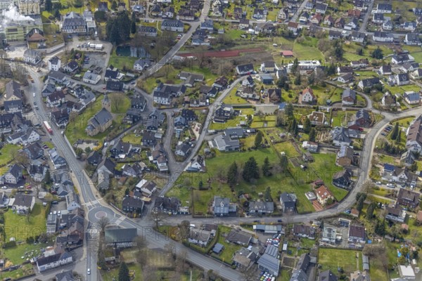 Aerial view, Krombach town centre with evang. Church, Krombach, Kreuztal, Sauerland, North Rhine-Westphalia, Germany, place of worship, DE, Europe, religious community, place of worship, property tax, holy place, real estate, church, parish, denomination, Siegen-Wittgenstein district, roundabout, roundabout, aerial view, aerial photography, aerial photography, religion, religious site, overview, bird's eye view, residential complex, living and life, residential area, residential buildings, quality of life, housing estate, birds-eyes view, overview