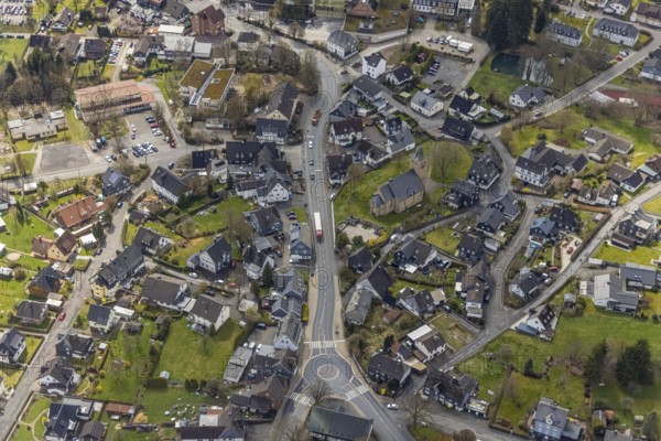Aerial view, Krombach town centre with protestant church, Krombach, Kreuztal, Sauerland, North Rhine-Westphalia, Germany, place of worship, DE, Europe, religious community, place of worship, property tax, holy place, real estate, church, parish, denomination, Siegen-Wittgenstein district, aerial view, aerial photography, aerial photography, religion, religious site, overview, bird's-eye view, residential area, residential buildings, residential quality, housing estate, birds-eyes view, overview