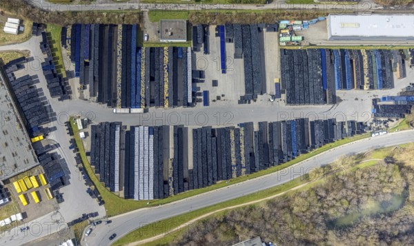 Aerial photo, Krombacher brewery logistics centre, Krombach, Kreuztal, Sauerland, North Rhine-Westphalia, Germany, DE, Europe, shapes and colours, freight transport, Siegen-Wittgenstein district, logistics, logistics service, logistics service provider, logistics provider, logistics centre, aerial photo, aerial photography, aerial photography, overview, bird's-eye view, overview, colourful beer crates, stack of beer crates