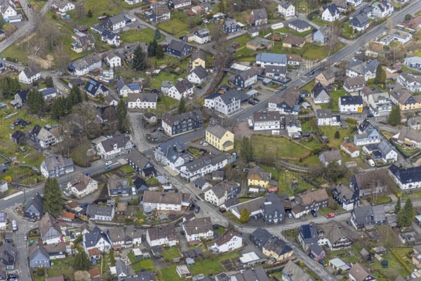 Aerial view, Littfeld town centre with Kapellenschule citizens' meeting place, Littfeld, Kreuztal, Sauerland, North Rhine-Westphalia, Germany, education, educational institution, DE, Europe, property tax, real estate, Siegen-Wittgenstein district, educational institute, aerial view, aerial photography, aerial photography, school, overview, bird's-eye view, residential complex, living and living, residential area, residential buildings, residential quality, housing estate, bird's-eye view, overview