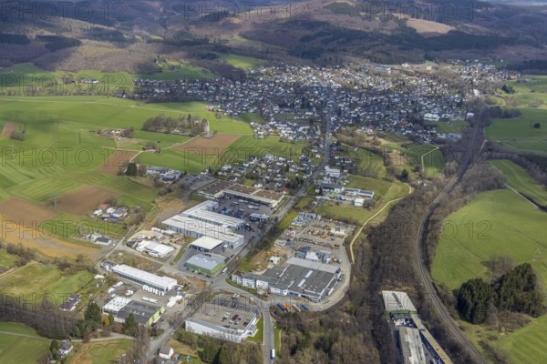 Aerial view, commercial area Heidfeld an der Hagener Straße, Krombach, Kreuztal, Sauerland, North Rhine-Westphalia, Germany, DE, Europe, commercial enterprises, commercial area, commercial area, commercial location, commercial use, industrial area, industrial location, district Siegen-Wittgenstein, aerial view, aerial photography, aerial photography, overview, bird's-eye view, overview