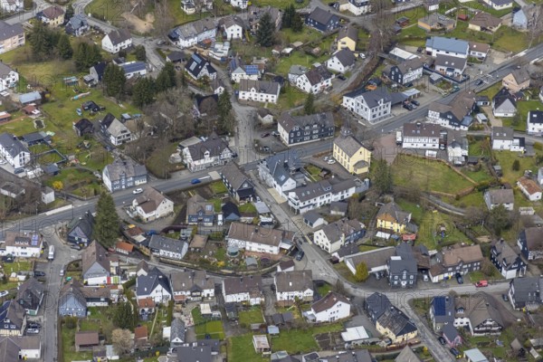 Aerial view, Littfeld town centre with Kapellenschule citizens' meeting place, Littfeld, Kreuztal, Sauerland, North Rhine-Westphalia, Germany, education, educational institution, DE, Europe, property tax, real estate, Siegen-Wittgenstein district, educational institute, aerial view, aerial photography, aerial photography, school, overview, bird's-eye view, residential complex, living and living, residential area, residential buildings, residential quality, housing estate, bird's-eye view, overview