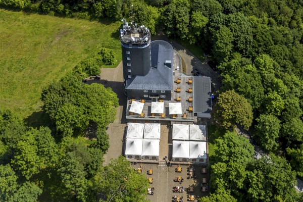 Aerial view, Hohe Bracht observation tower with cafe, Hofolpe, Lennestadt, Sauerland, North Rhine-Westphalia, Germany, viewing platform, DEU, Europe, gastronomy, aerial view, aerial photography, aerial photography, transmission tower, ski resort, sunshades, tables and chairs, tower, overview, bird's eye view, birds-eyes view, overview
