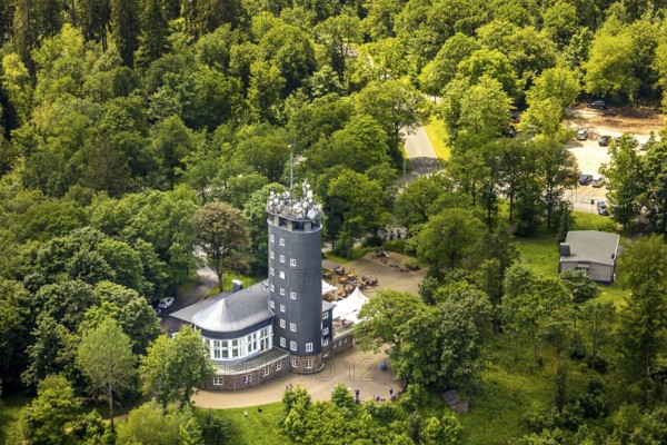 Aerial view, Hohe Bracht observation tower with café, Hofolpe, Lennestadt, Sauerland, North Rhine-Westphalia, Germany, viewing platform, DEU, Europe, gastronomy, aerial view, aerial photography, aerial photography, broadcasting tower, ski resort, tower, overview, bird's-eye view, overview