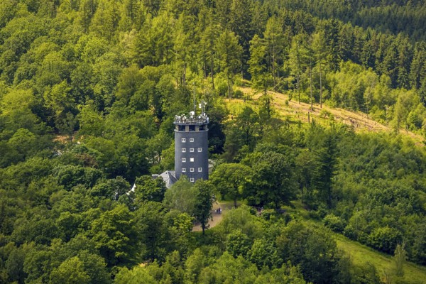 Aerial view, Hohe Bracht observation tower with café, Hofolpe, Lennestadt, Sauerland, North Rhine-Westphalia, Germany, viewing platform, DEU, Europe, gastronomy, aerial view, aerial photography, aerial photography, broadcasting tower, ski resort, tower, overview, bird's-eye view, overview